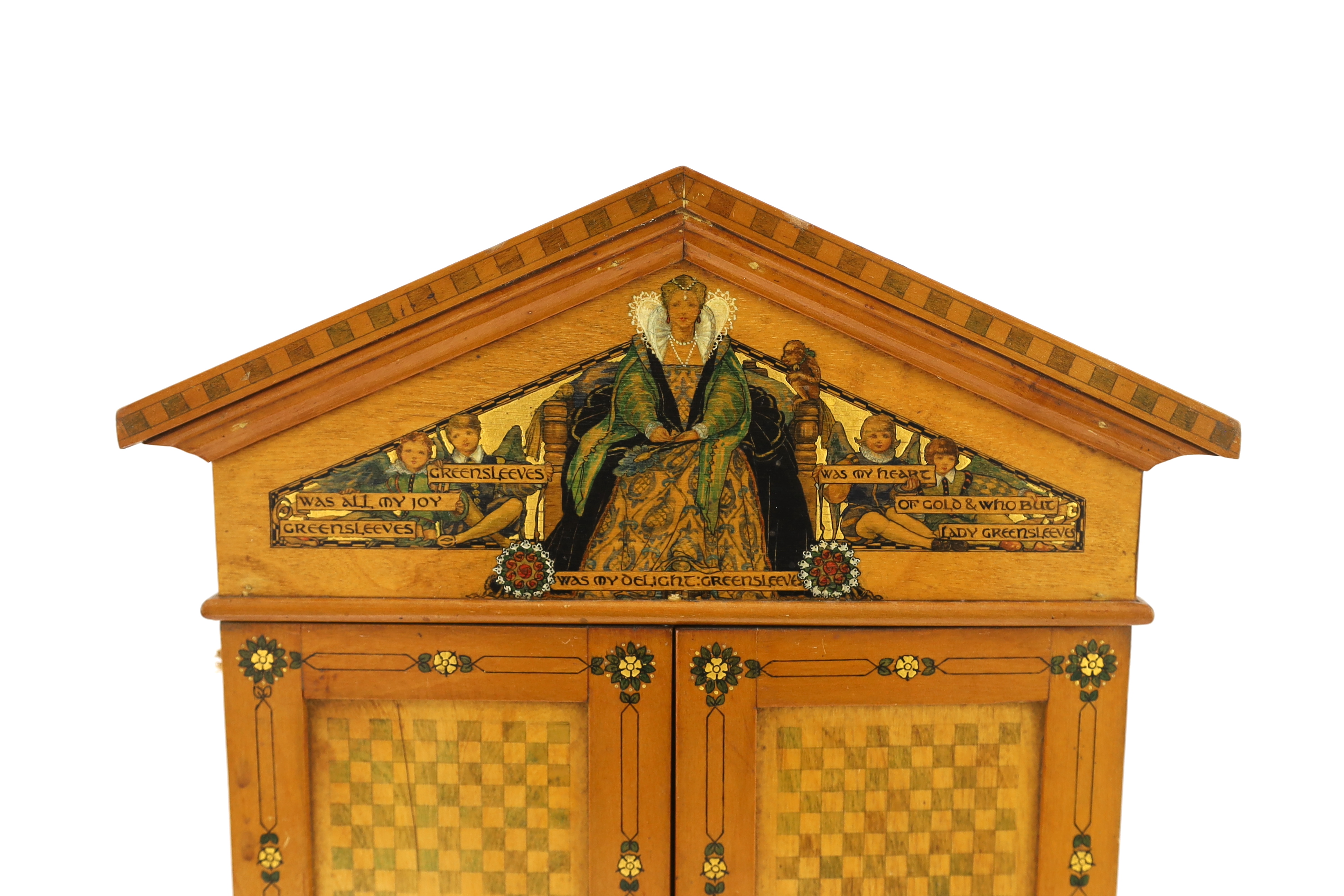Gwendolyn White , The Greensleeves Triptych, whitewood with stained and gilt gesso decoration, 33cm wide, 3cm deep, 48cm high